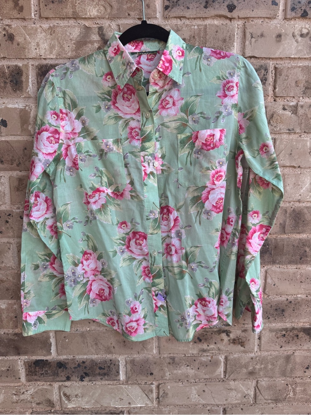 Lauren Ralph Lauren Mint Green Floral Button-Up Shirt with Pink Roses PS